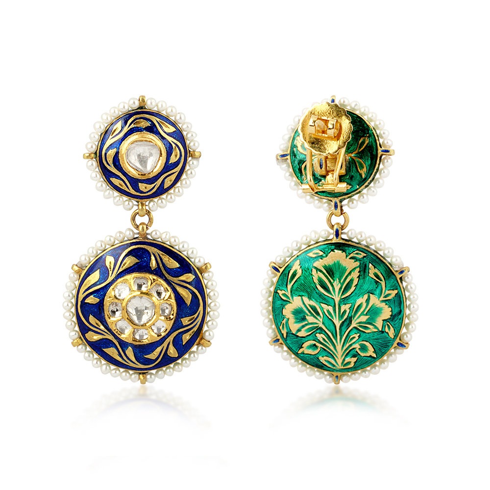 Indigo Enamel Earrings with Polki Diamonds and Pearl Border